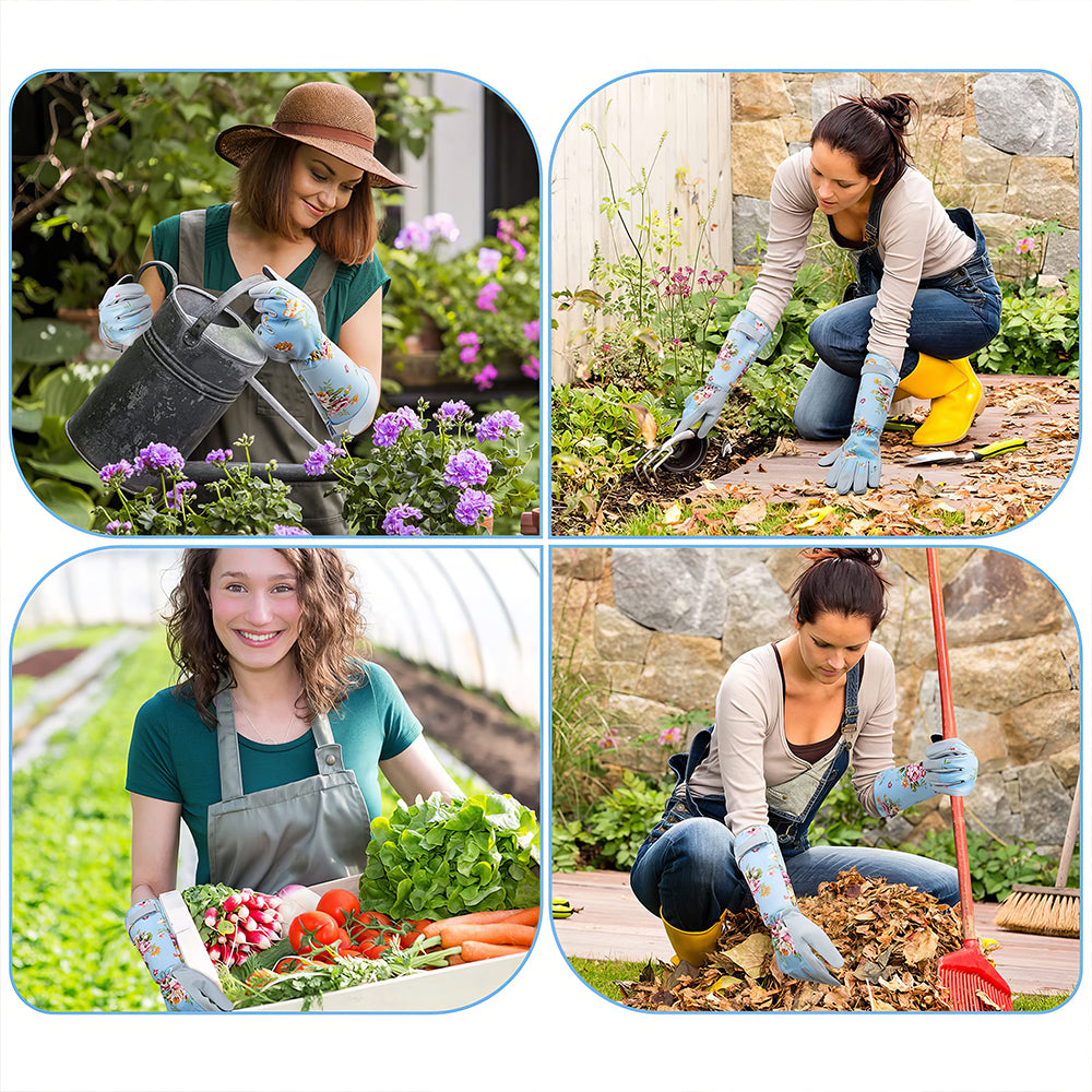 Women’s Long Gardening Gloves, Durable Leather, Green Floral Print
