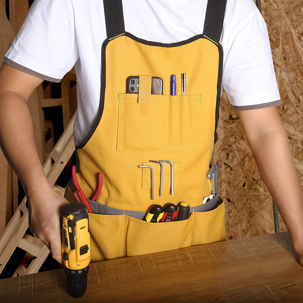 Canvas Work Apron with 21 Tool Pockets & Magnetic Strips, Unisex, Yellow