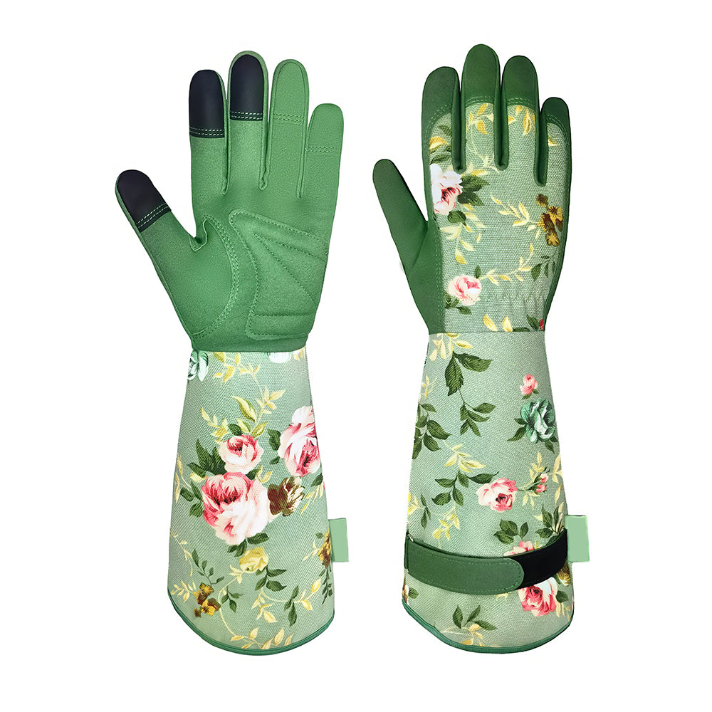 Women’s Long Gardening Gloves, Durable Leather, Green Floral Print