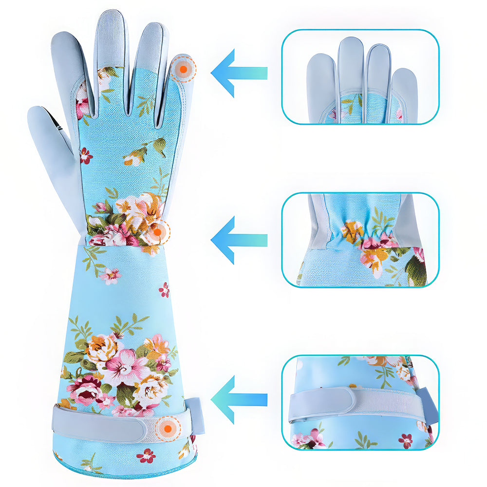 Women’s Long Gardening Gloves, Durable Leather, Green Floral Print
