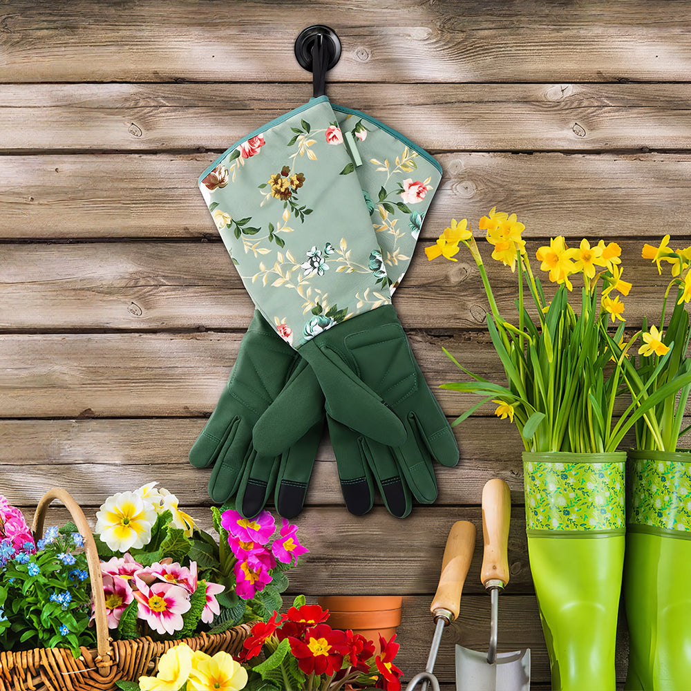 Women’s Long Gardening Gloves, Durable Leather, Green Floral Print