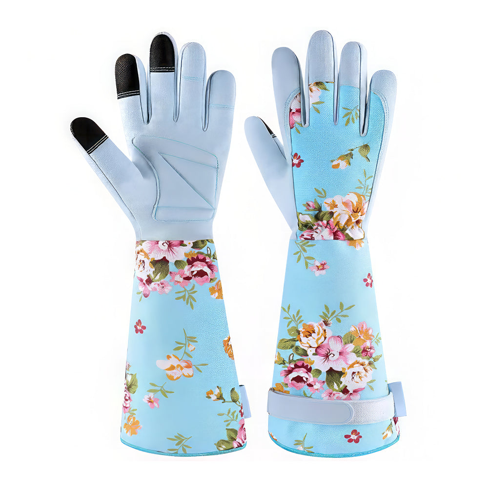 Women’s Long Gardening Gloves, Durable Leather, Green Floral Print