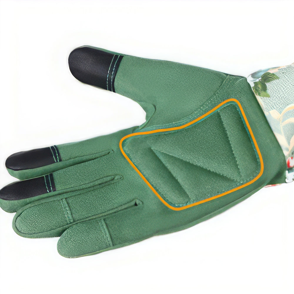 Women’s Long Gardening Gloves, Durable Leather, Green Floral Print