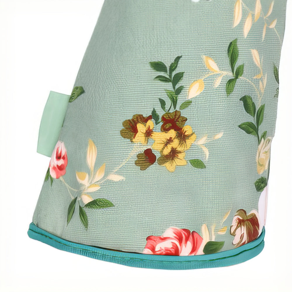 Women’s Long Gardening Gloves, Durable Leather, Green Floral Print