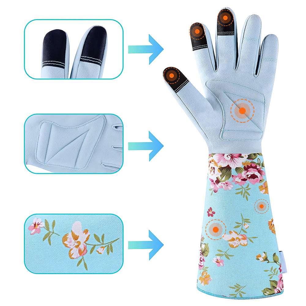 Women’s Long Gardening Gloves, Durable Leather, Green Floral Print